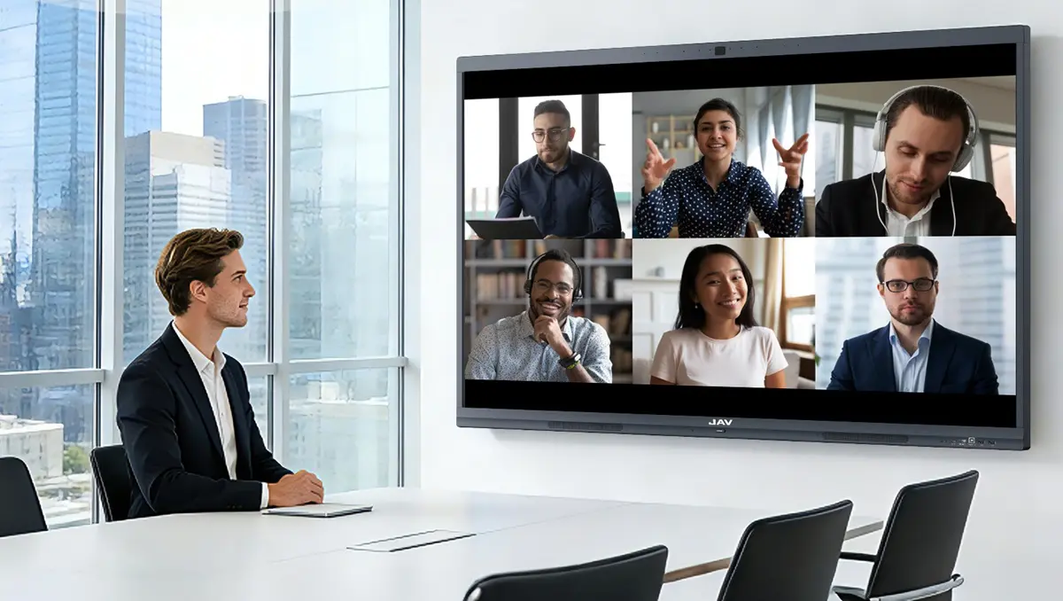 Professionals using an interactive whiteboard for conference room for a hybrid meeting.