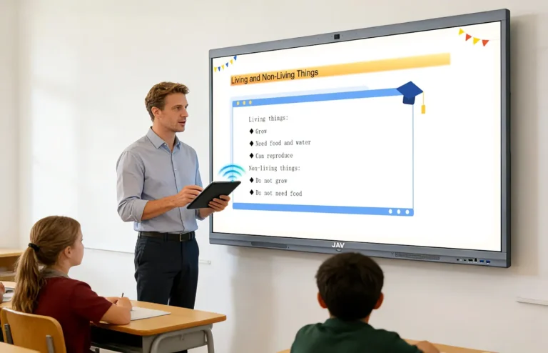A modern classroom using an interactive whiteboard for education to deliver digital lessons with real-time student engagement and collaboration.