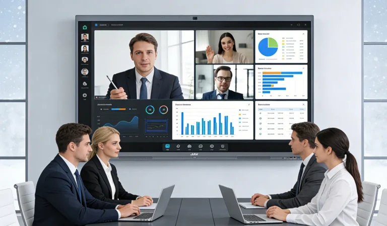 Professionals collaborating in a conference room during a hybrid meeting using an interactive display as part of modern hybrid meeting solutions