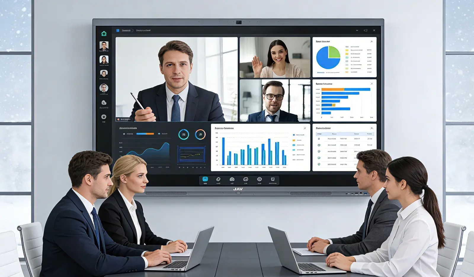Professionals collaborating in a conference room during a hybrid meeting using an interactive display as part of modern hybrid meeting solutions