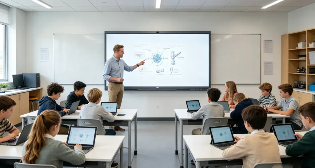Teacher using JAV interactive whiteboard as one of the STEM teaching tools for STEM class