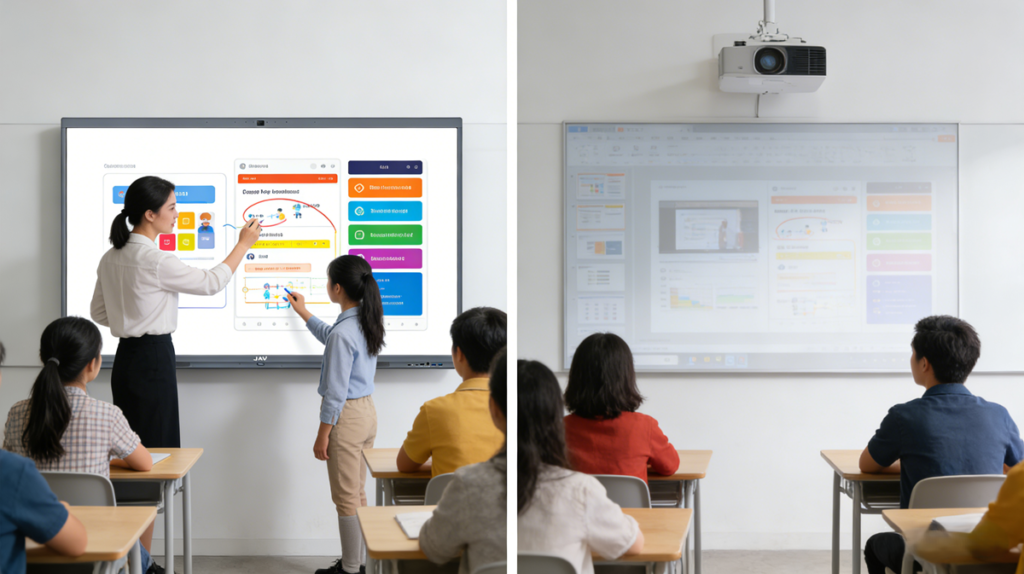 Teacher presenting a lesson on an interactive display while students compare it with a traditional projector classroom setup