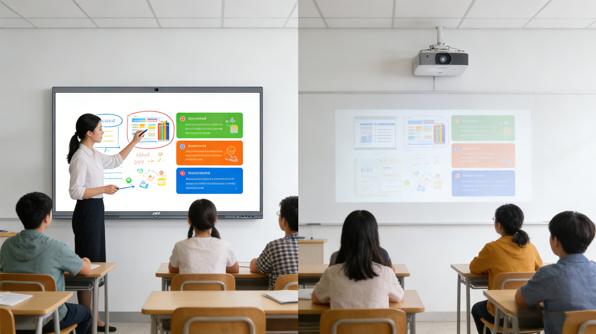Interactive whiteboard vs traditional projector comparison in a classroom using interactive presentation tools for teachers