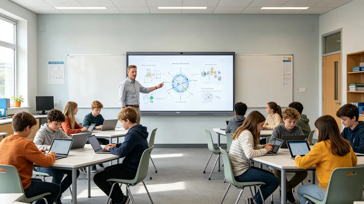 Students learning in a STEM classroom using an interactive display with collaborative group work and digital tools