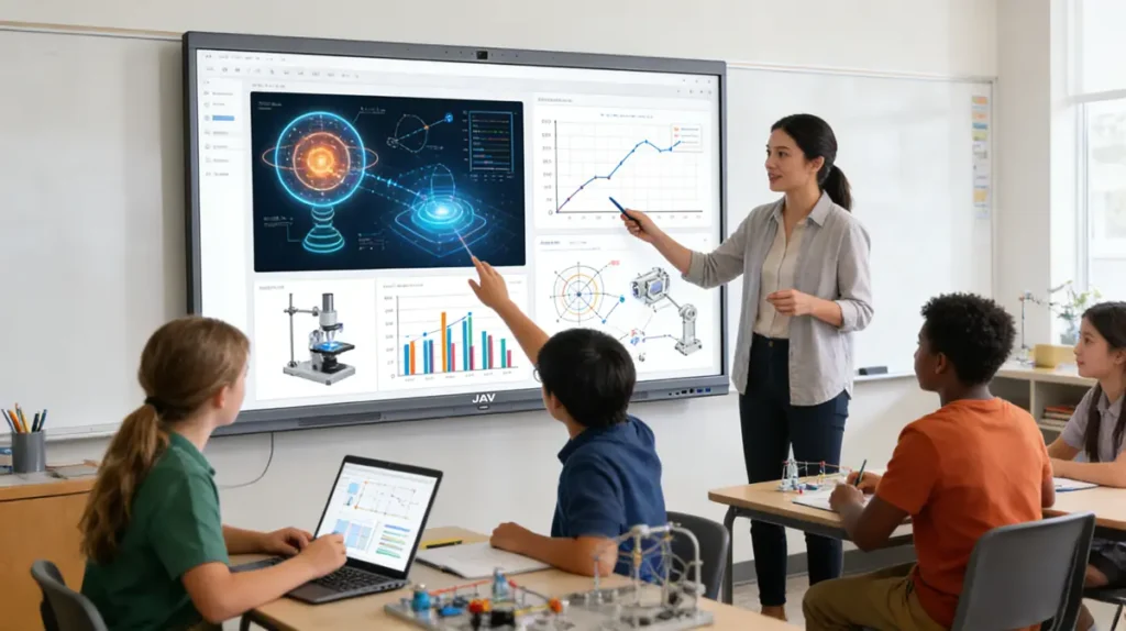 JAV Board 10 interactive whiteboard serving as a STEM teaching tool for science simulations, math graphs, and engineering experiments with student interaction.