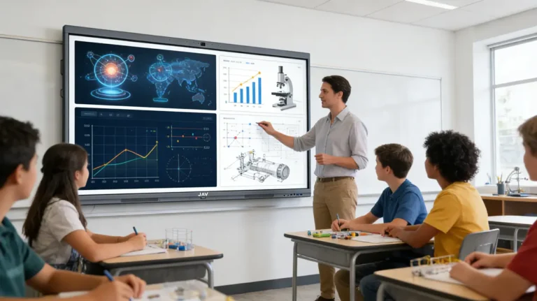 JAV Board 10 Interactive whiteboard used as a STEM teaching tool in a modern classroom, enabling teacher-led science and math lessons with student collaboration.