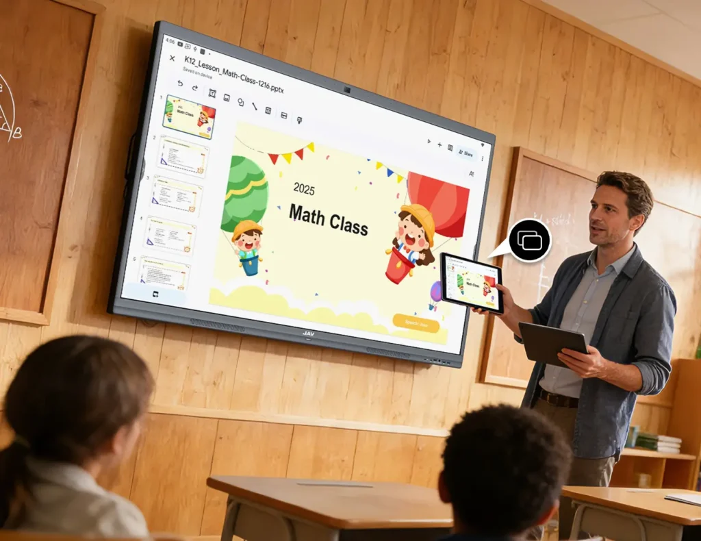 Teacher using one of the best technology tools for teachers - JAV interactive whiteboard for teaching