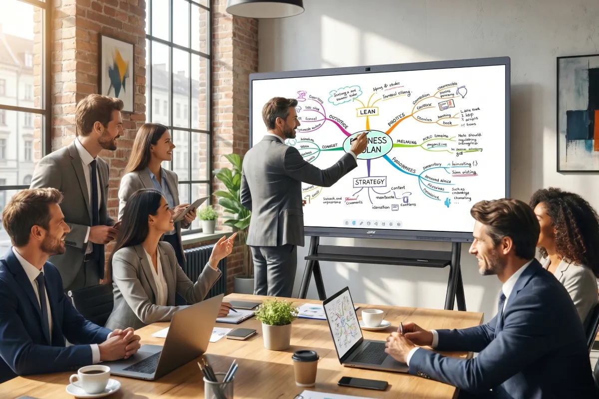 A group of professionals having a meeting around a JAV Board 10 Interactive Display, with one person giving a presentation on the interactive display.