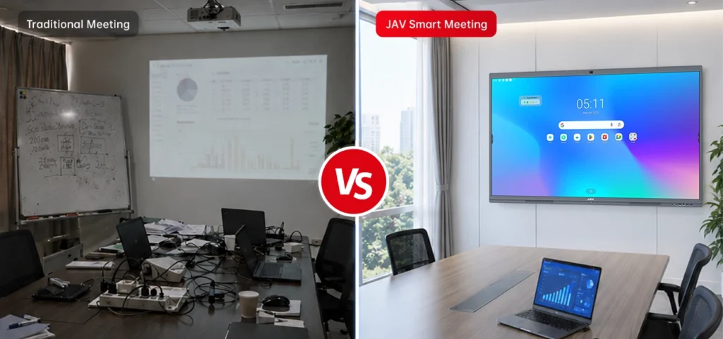 JAV Board builds a bright and neat meeting room, compared to traditional meetings with projectors
