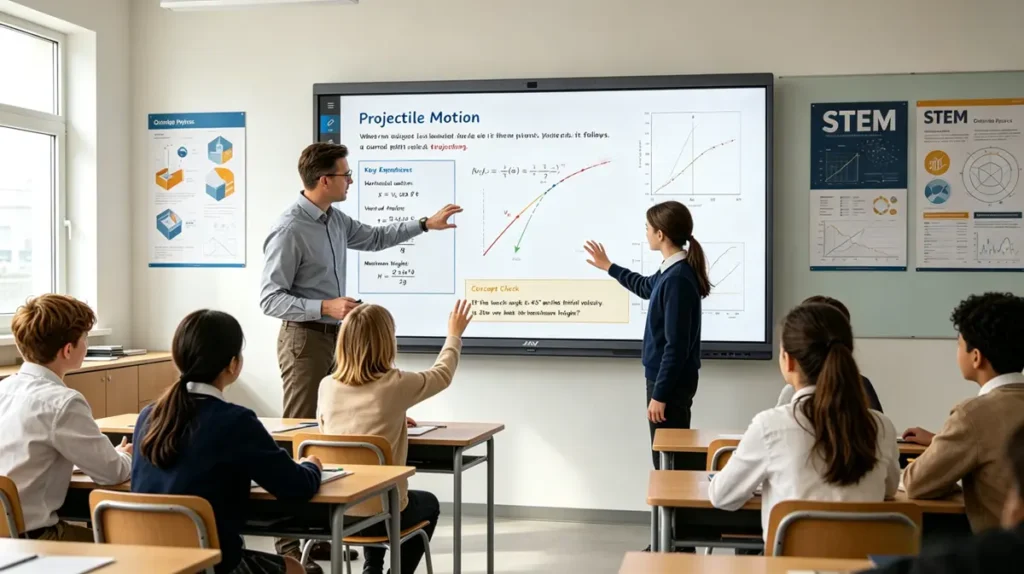 Teacher using an interactive whiteboard for teaching physics through visual simulations, with students watching animated science concepts on a large interactive whiteboard in a modern classroom.