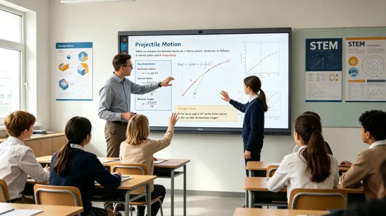 Teacher using an interactive whiteboard for teaching physics through visual simulations, with students watching animated science concepts on a large interactive whiteboard in a modern classroom.