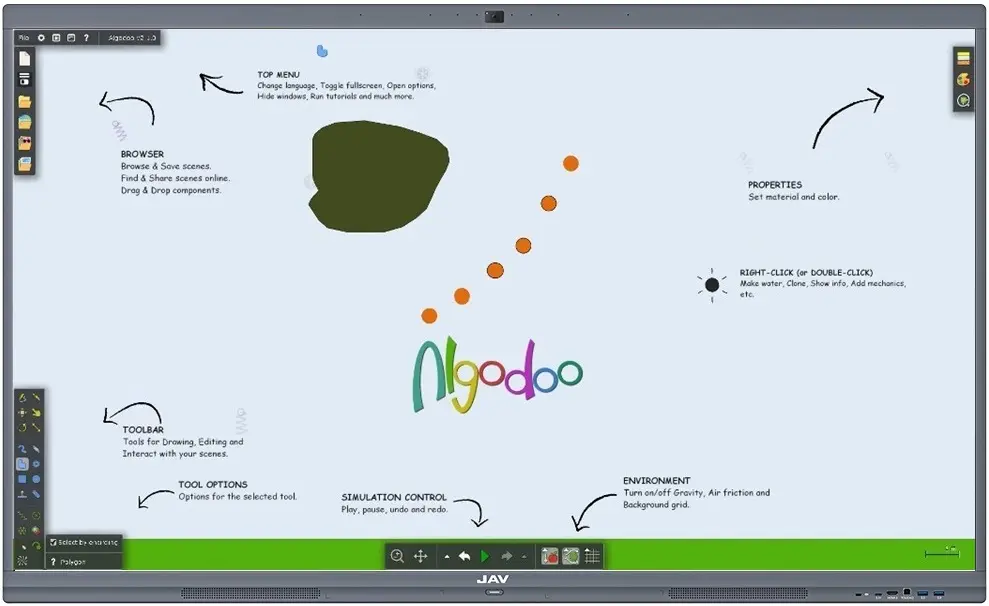 interface of the Algodoo Android app, running on the JAV Board 10 interactive whiteboard for teaching