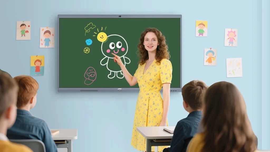 Teacher teaching a class using jav board 10 interactive whiteboard