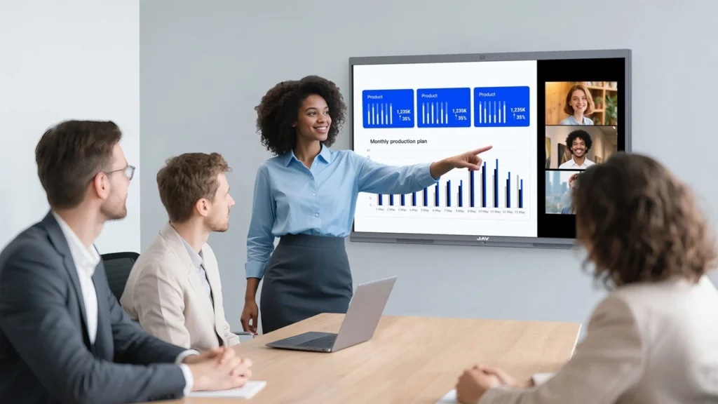 Professionals having a hybrid meeting using the JAV Board 10 Interactive Display