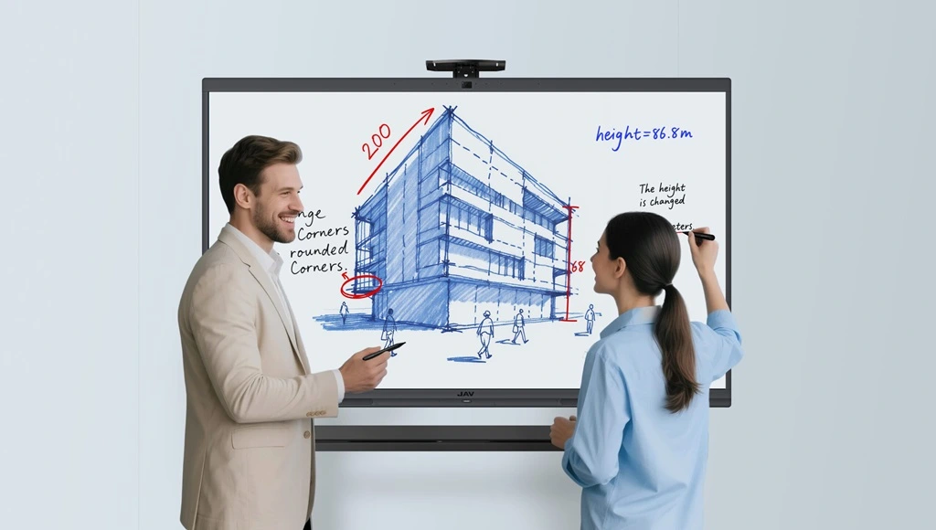 Two professionals collaborating on an architectural design using the JAV Board 10 interactive display, with building plans and real-time annotations shown on the screen.