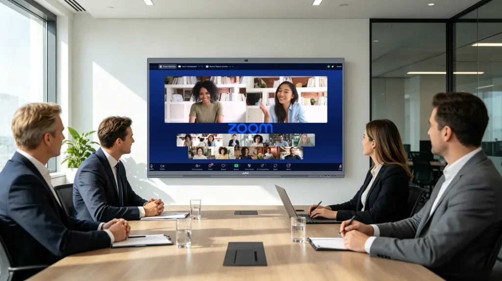Professionals using JAV Board 10 Interactive Display for a Hybrid Meeting using Zoom