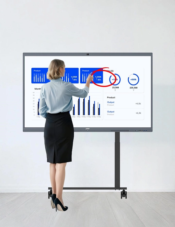A professional using the JAV Board 10 interactive display for a file presentation while adding real-time annotations directly on the document.