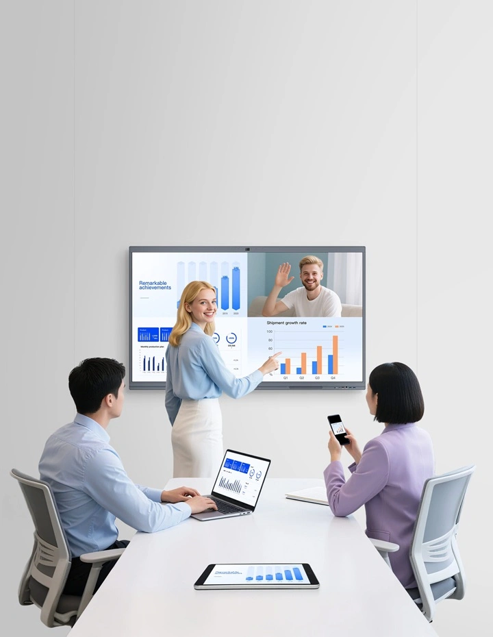 Professionals using the screen sharing feature of the JAV Board 10 interactive display to share screens of different devices to the display