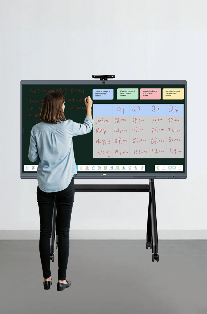 A professional using the JAV Board 10 interactive display’s whiteboard app to write and organize meeting notes