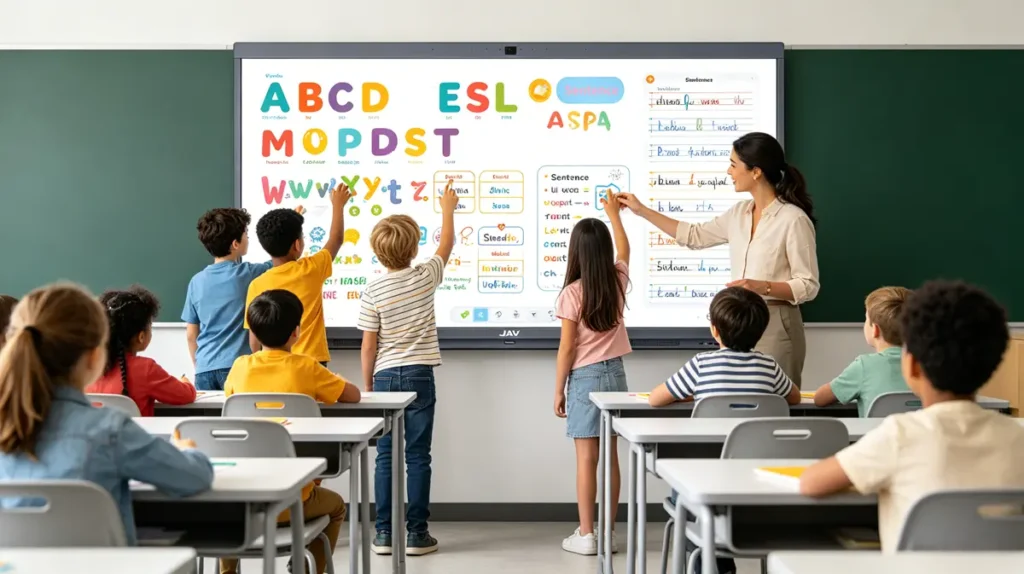 A classroom scene where students are actively engaging with an interactive whiteboard during an ESL lesson. Multiple students are using multi-touch gestures on the screen while a teacher guides the activity. The board displays spelling, vocabulary, and sentence exercises, showing collaborative learning in progress with the JAV interactive whiteboard for teaching.
