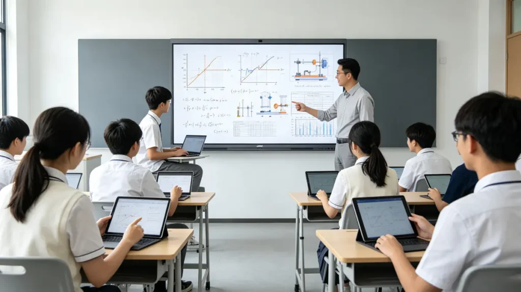 A modern physics classroom where a student is wirelessly sharing content from a laptop to a large interactive whiteboard. The board displays physics graphs, formulas, and simulation results while the teacher and classmates actively discuss the presentation, highlighting collaborative learning and student participation using an interactive whiteboard for teaching.