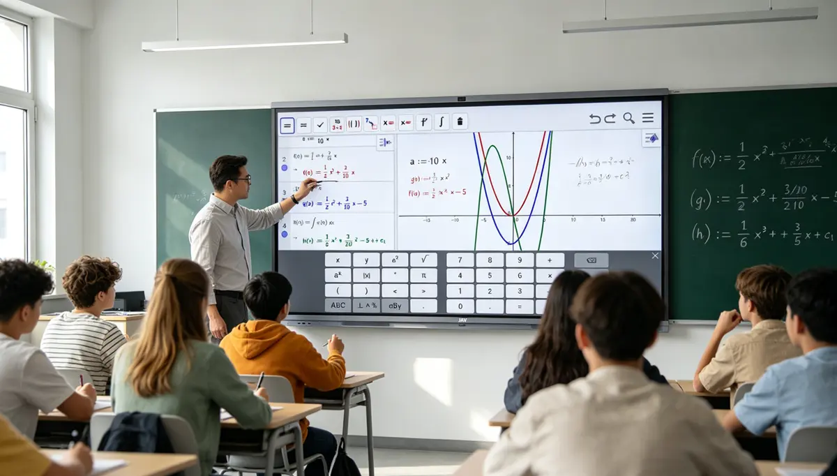 Teacher using an interactive whiteboard for teaching physics on JAV Board 10, explaining force diagrams and equations in a modern classroom with engaged students