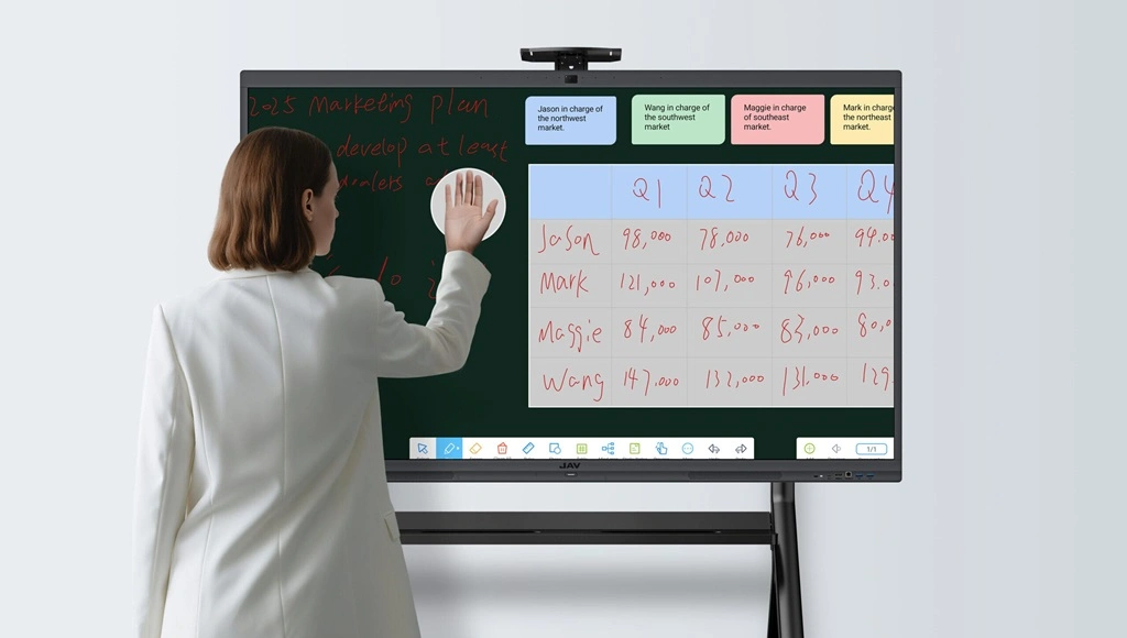 User interacting with the JAV Board 10 Interactive Whiteboard, using hand gestures to erase content on the screen.