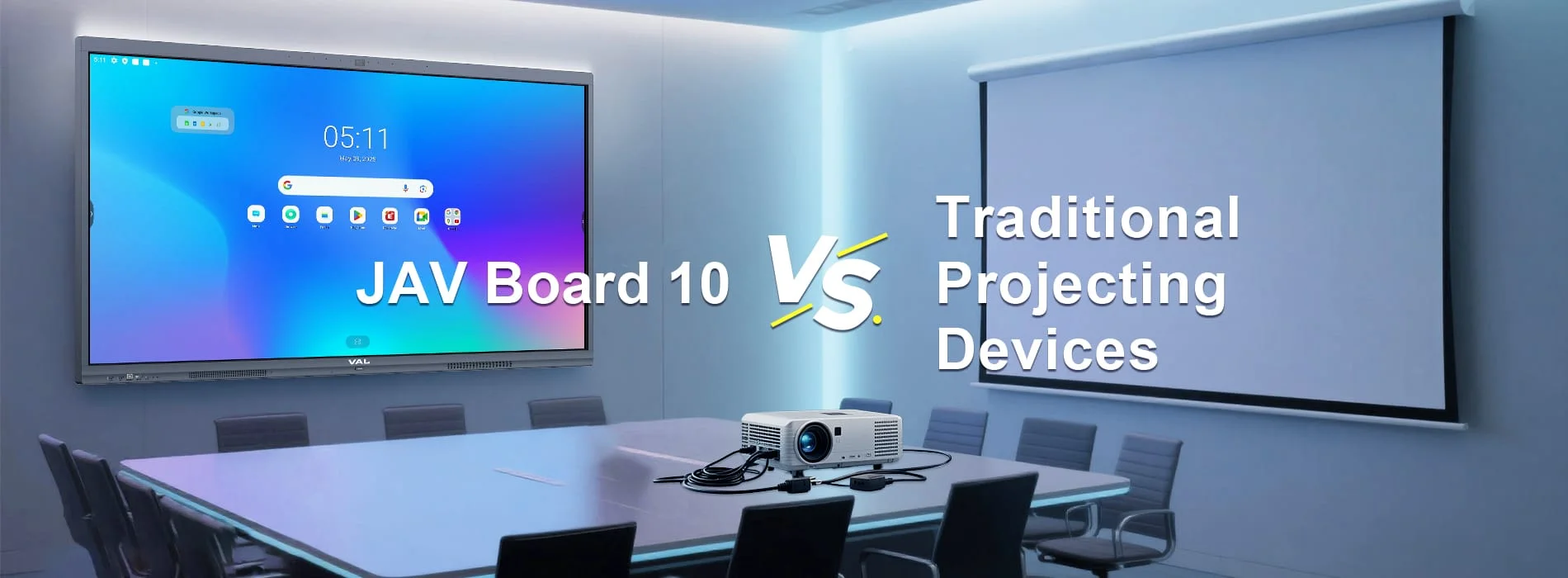 JAV Board 10 vs traditional projecting devices showing a smart interactive whiteboard and projector setup in a meeting room