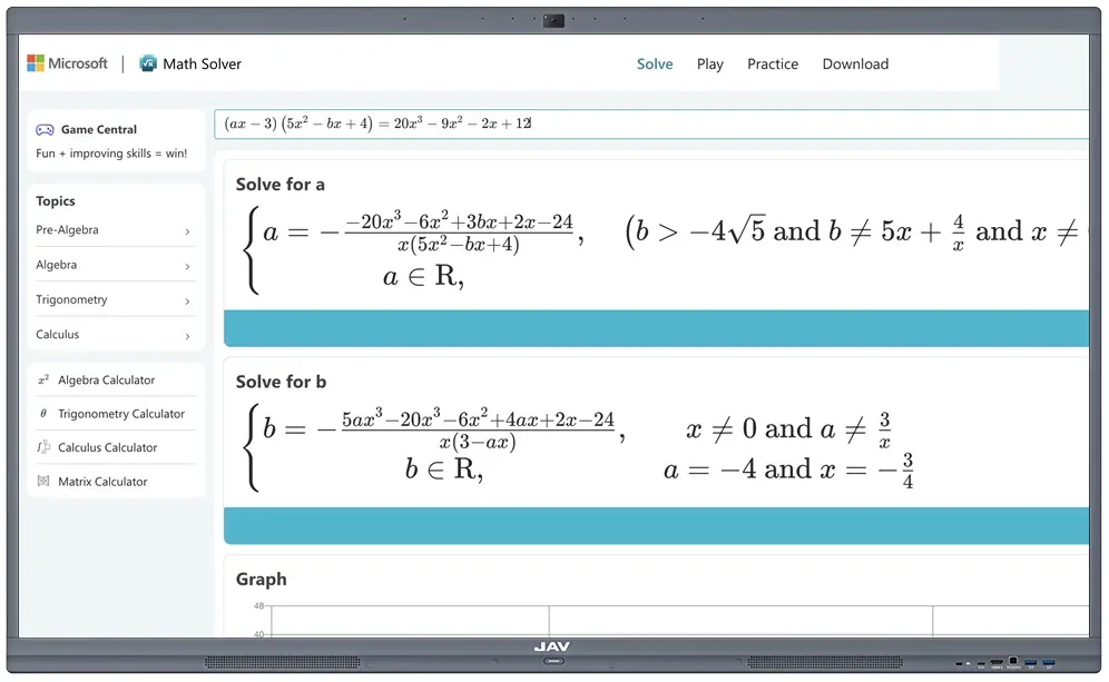image of the Microsoft Math Solver on the browser of the JAV Board 10 interactive whiteboard for teaching