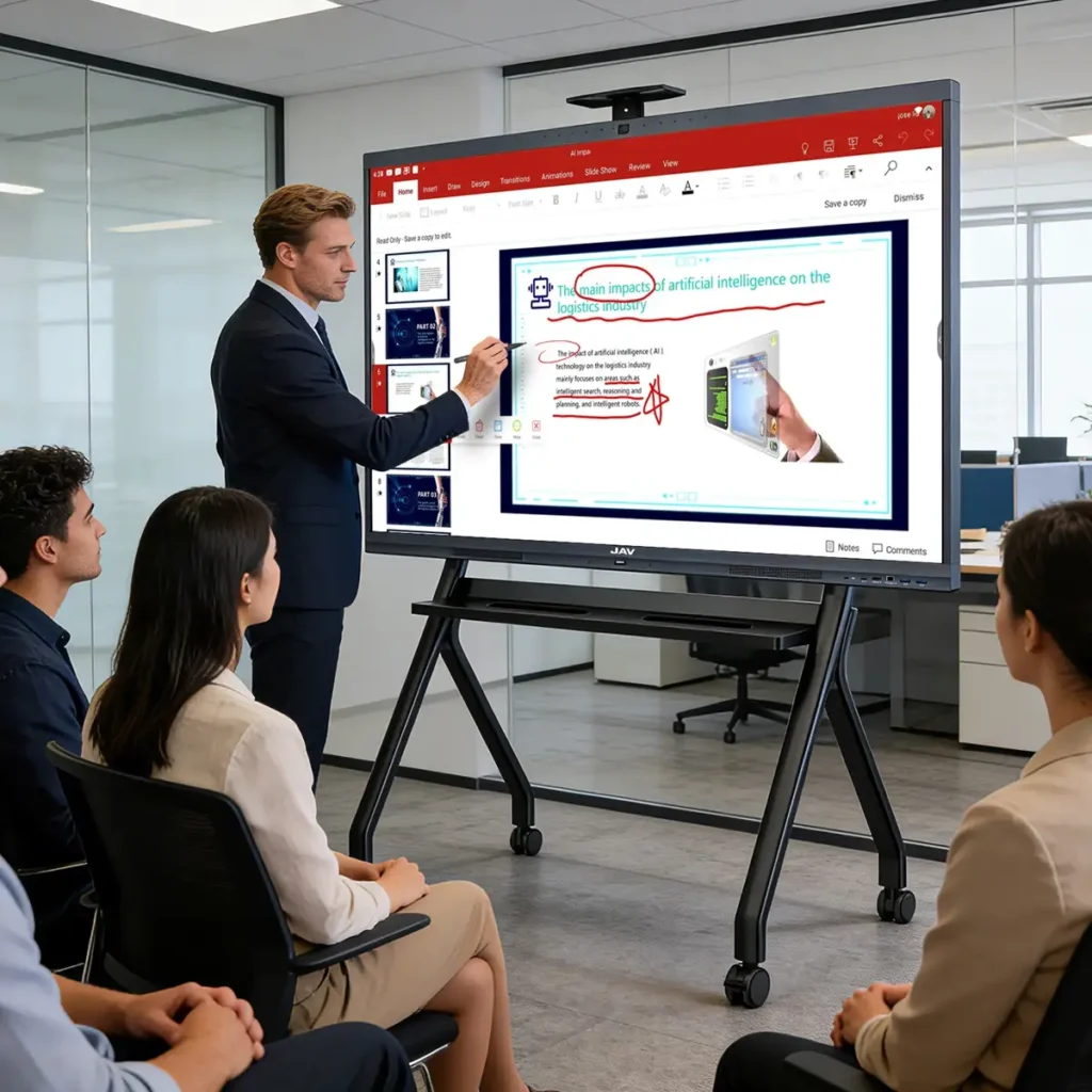 A professional annotating on the PPT file on the JAV Board 10 Interactive Display during a meeting