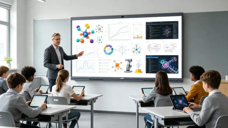 A teacher using jav interactive whiteboard for teaching STEM lessons