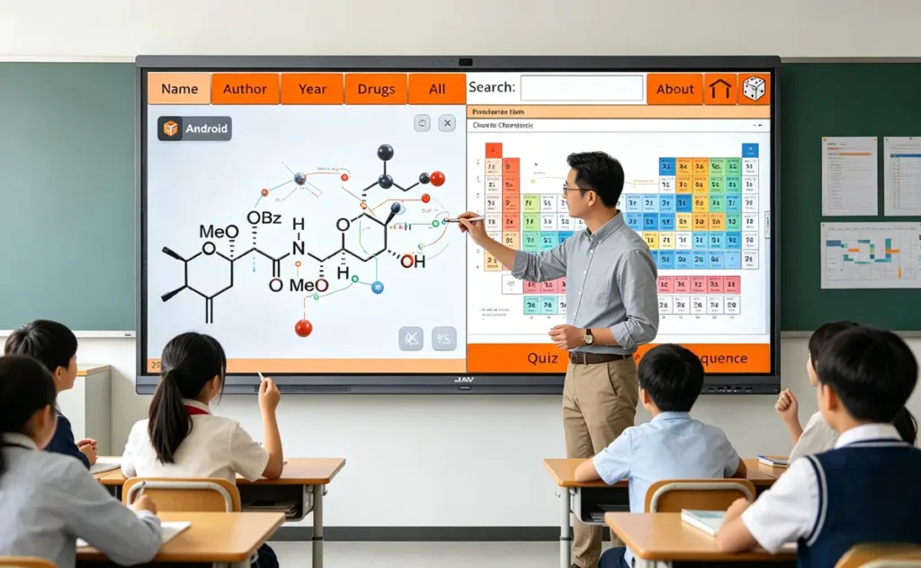 Image of a teacher using the JAV Board 10 Interactive whiteboard for teaching chemistry.