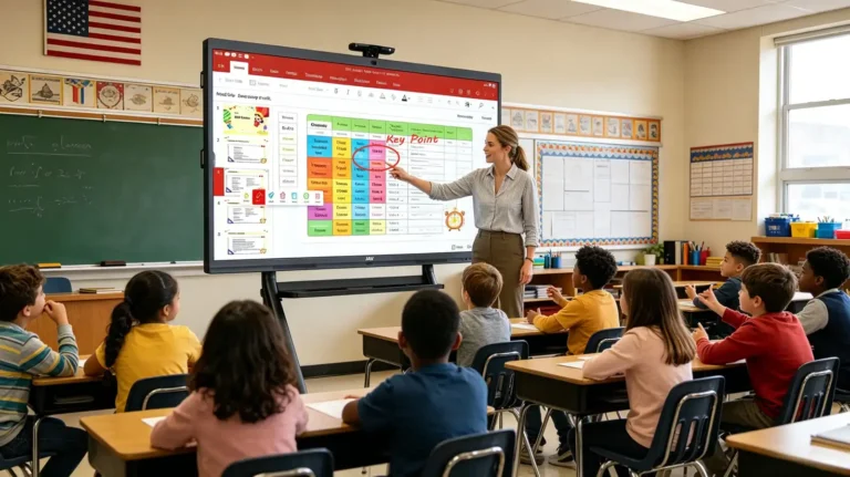 A teacher teaching an ESL lesson using a JAV Board 10 Interactive whiteboard for teaching