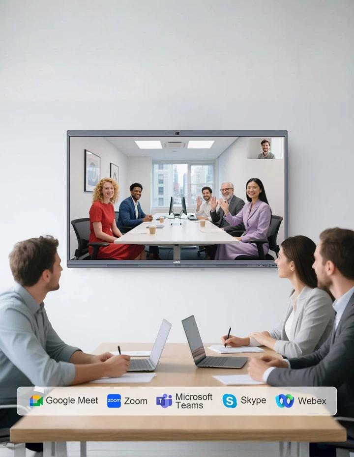 A group of professionals having a video conference in a hybrid meeting using JAV Board 10 Interactive Display