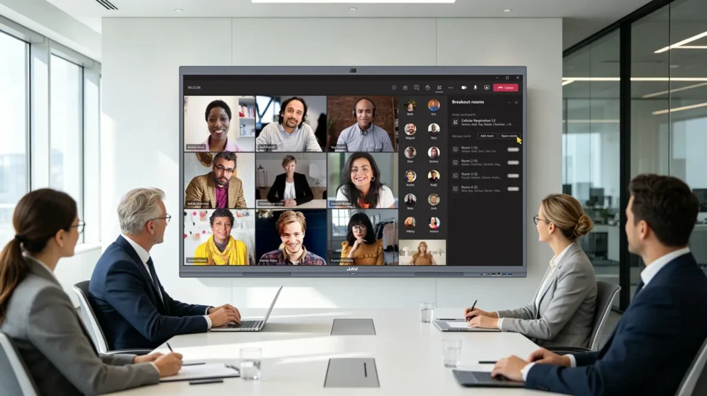 A group of professionals having a hybird meeting using all-in-one video conferencing hardware - JAV Board 10 interactive display