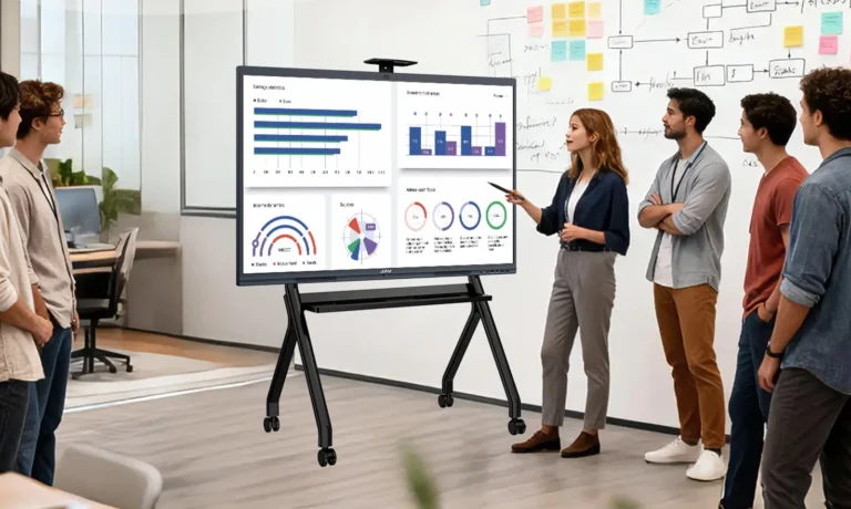 JAV Board 10 interactive display used in an office meeting for presentation.