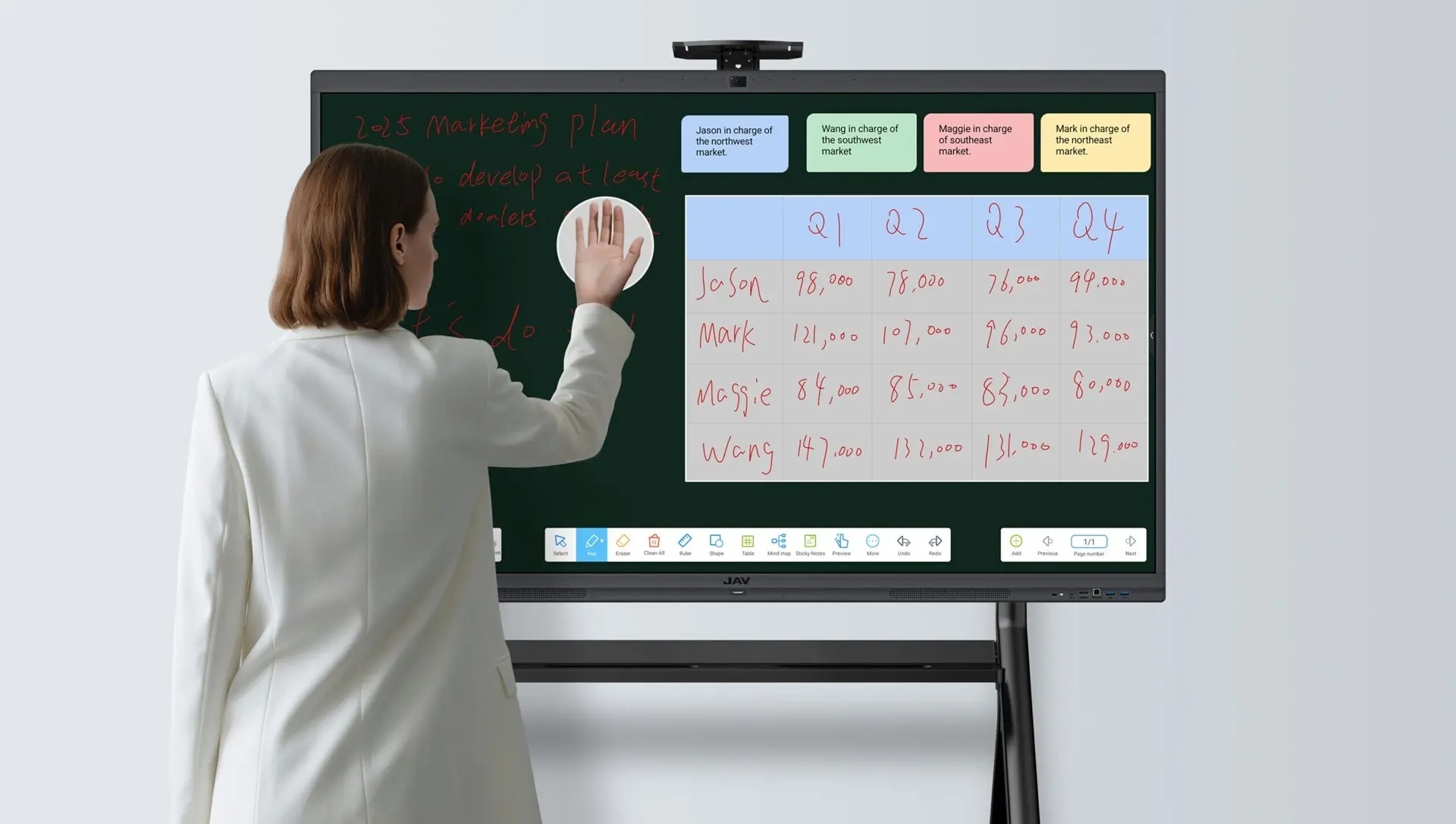 Person using hand gestures on the JAV Board 10 Interactive Whiteboard to erase content in the whiteboard app, showcasing its intuitive touch controls.