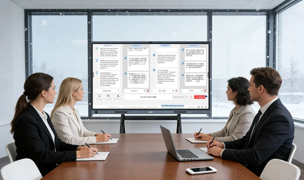 Professionals using the JAV Board 19's AI Translation feature for real-time translation between different languages.