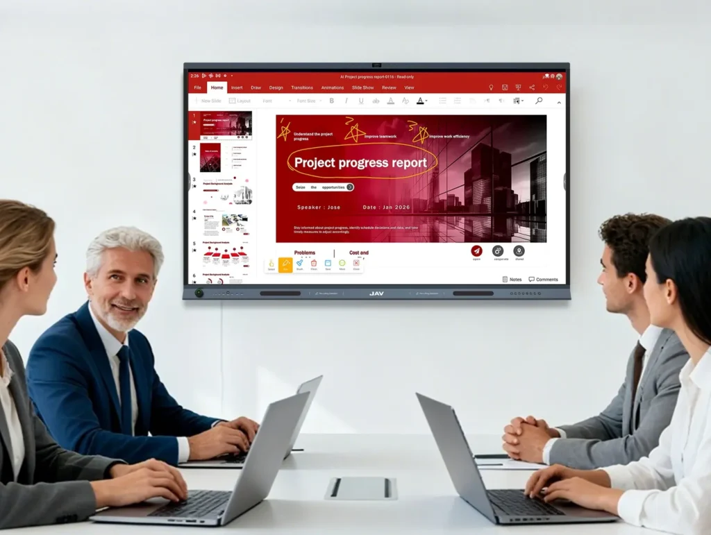 Professionals using JAV Board 19 interactive display for presentation with annotation on the screen.