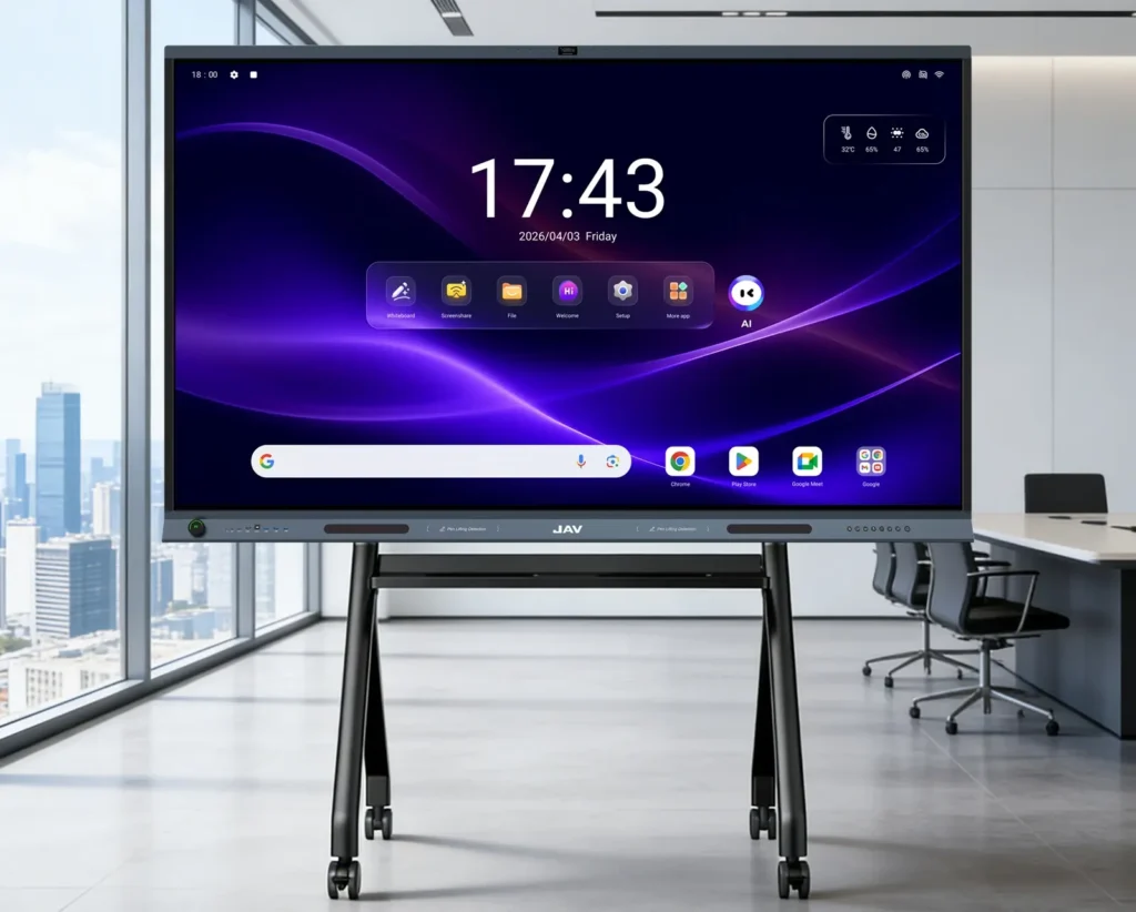 Front view of the JAV Board 19 interactive display in the office