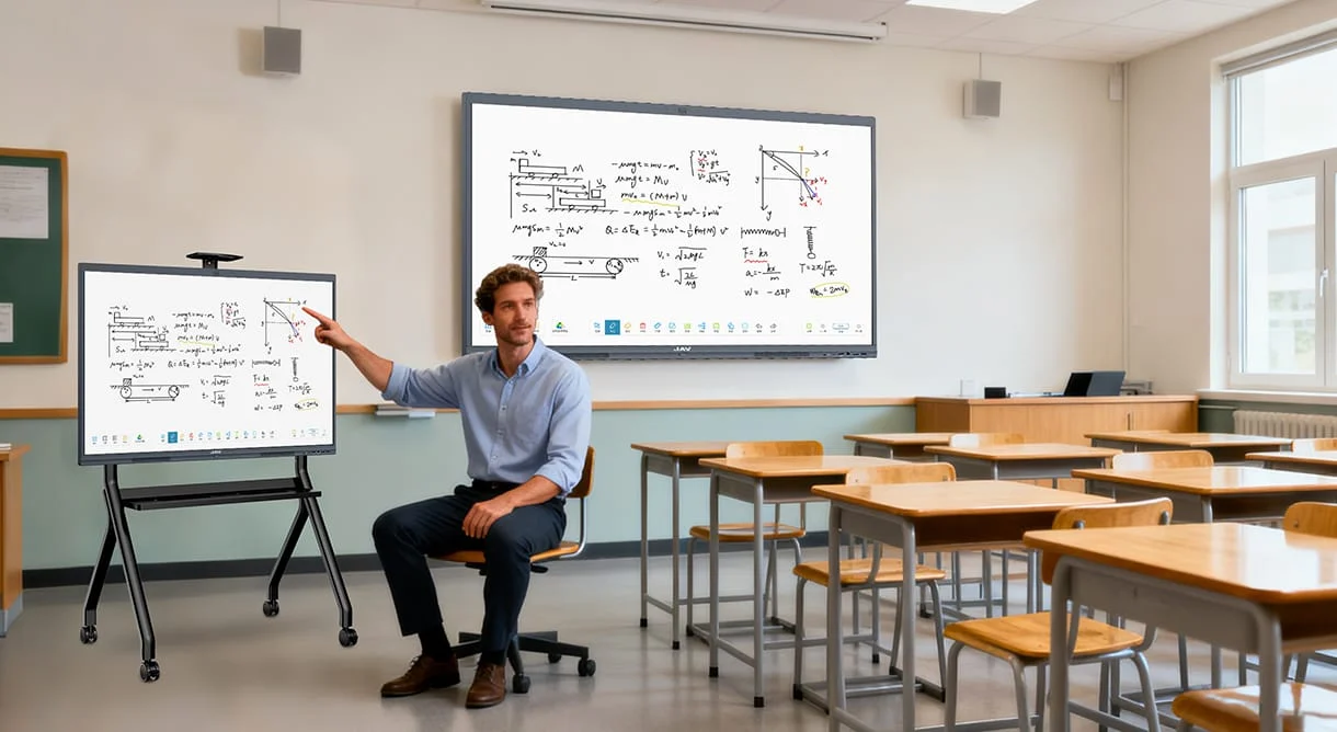 A teacher in a classroom with two JAV Board 10 Interactive Whiteobards in two different sizes.