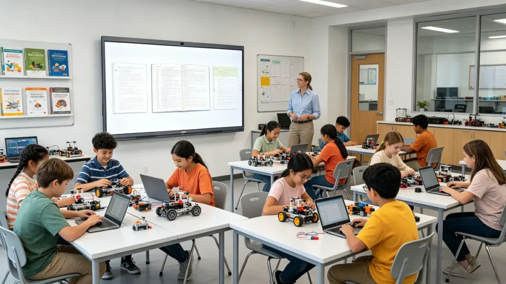 Teacher using JAV board 10 interactive whiteboard as STEM teaching tool for a robotics class