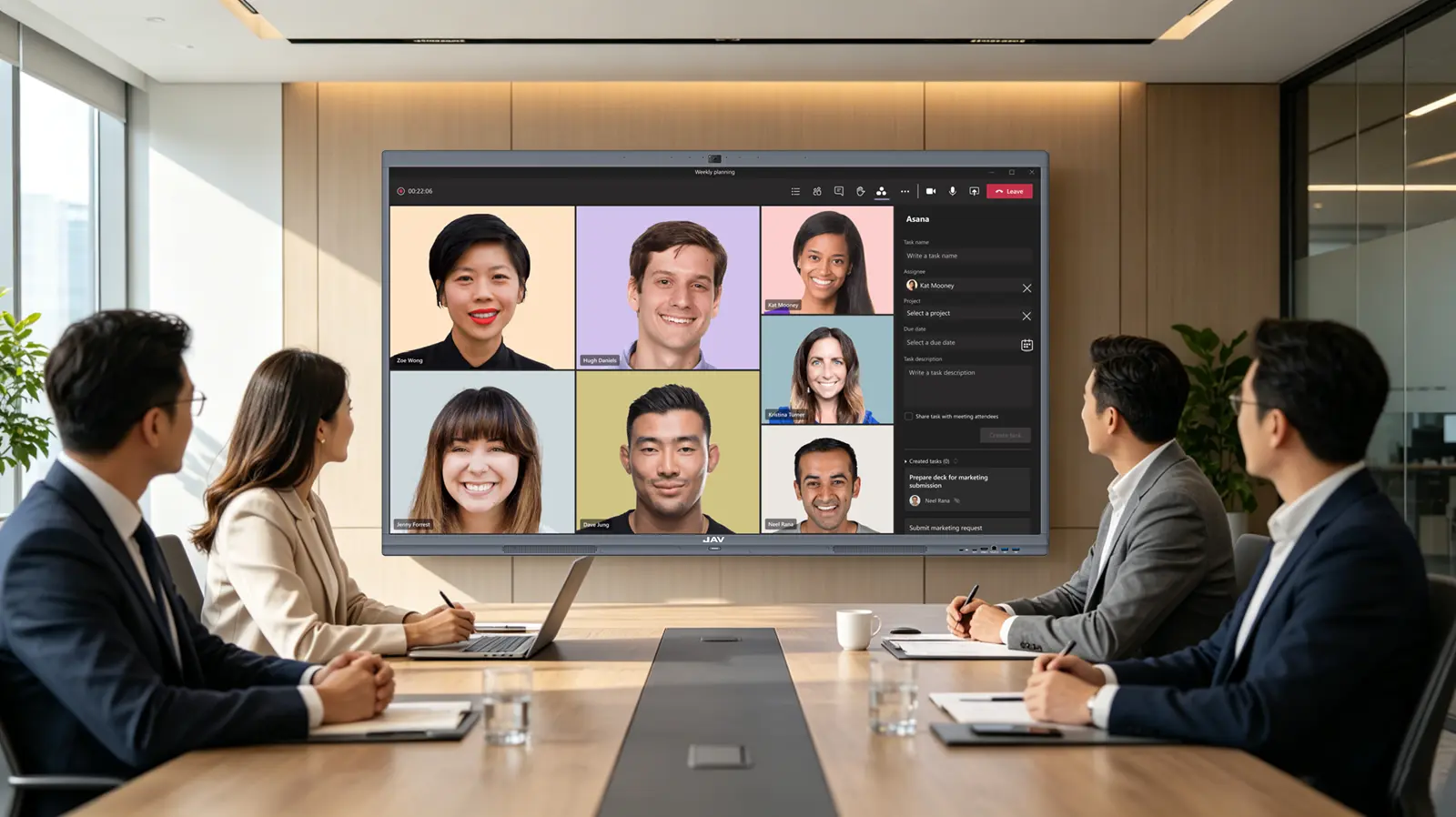 Professionals having a hybrid meeting using JAV Board 10 interactive display as video conferencing hardware