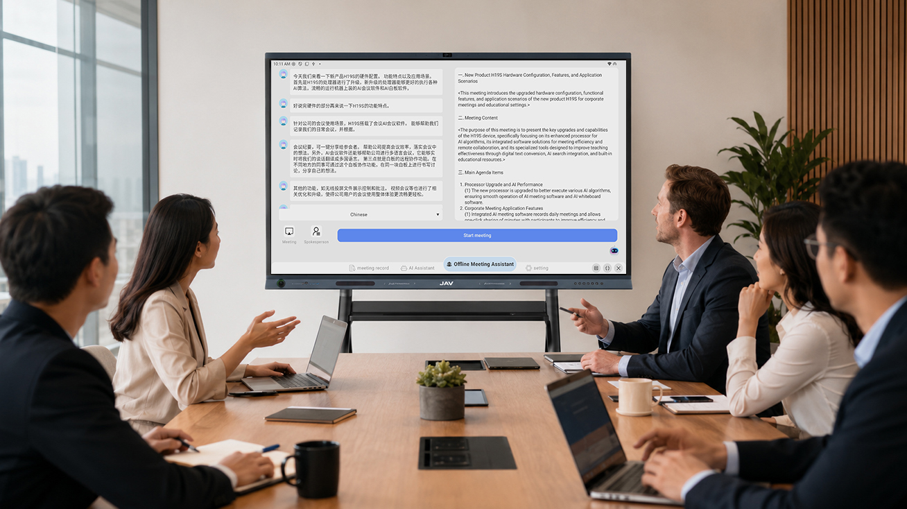 JAV Board 19 helps record participant's speech and generate meeting minutes during a meeting.