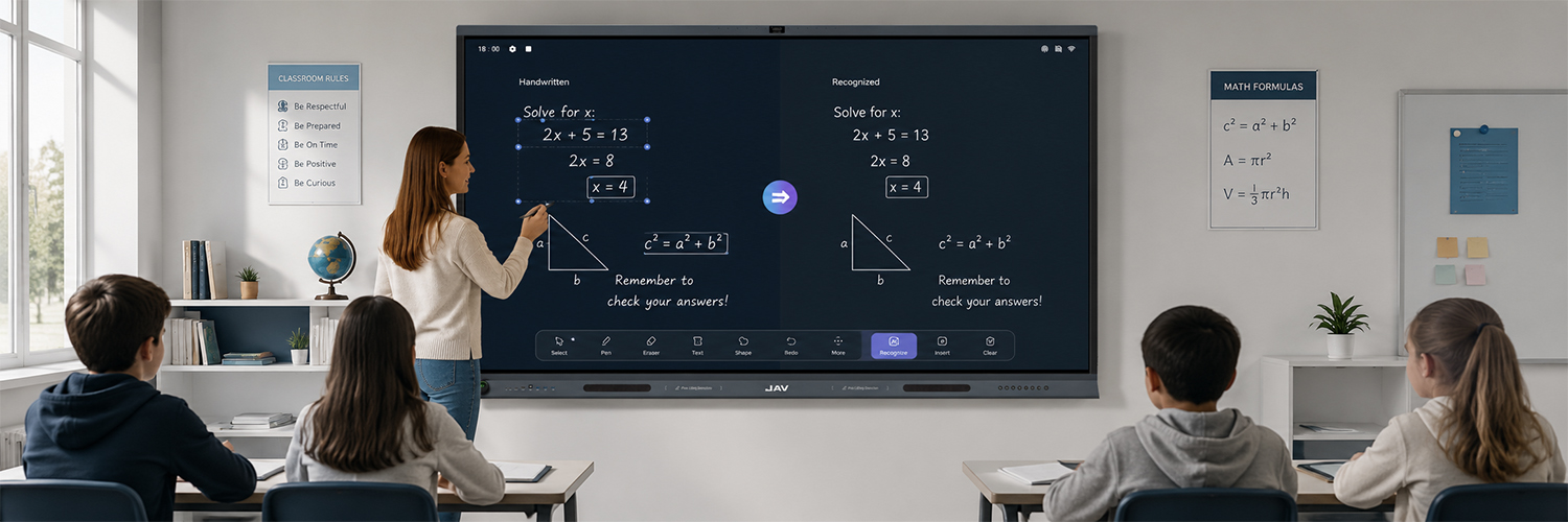 JAV Board 19's AI whiteboard can recognize teacher's handwriting and convert it to digital text.