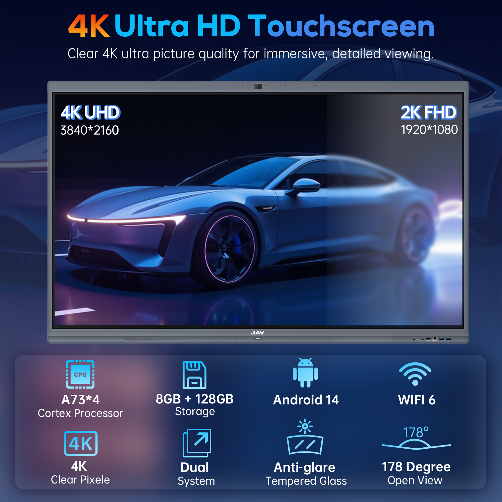 JAV Board 10 has a 4K UHD touch screen.