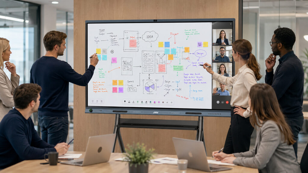 JAV Board 19 allows team members to collaborate on the screen， whether on-site or remotely.