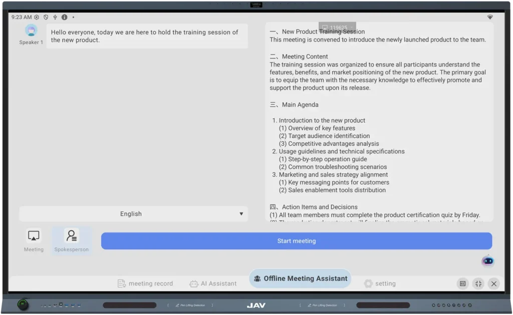 JAV Board 19 Interactive Display AI Meeting Minutes Interface