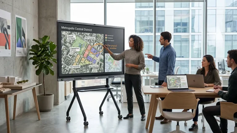 A modern meeting room display system featuring JAV Board 19 interactive display helps a team review and discuss a design proposal collaboratively