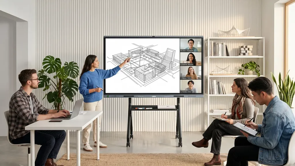 JAV Board 19 interactive display as the all-in-one meeting room display system for hybrid meeting.